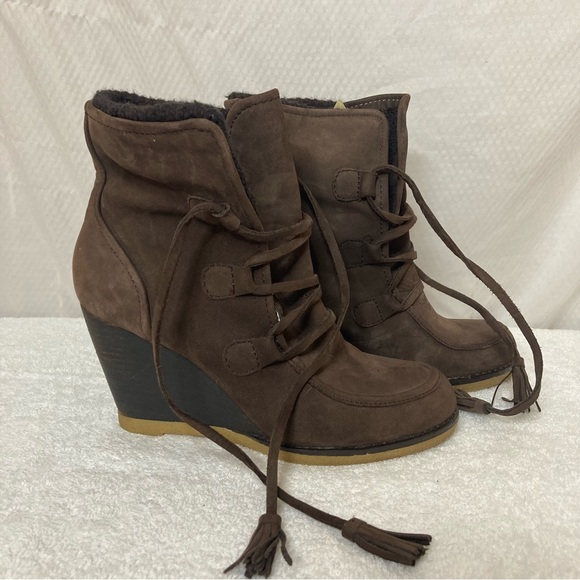 Lands’ End Brown Leather Suede Tassel Wedge Boots size 7.5 - Picture 1 of 8